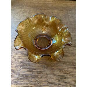 Vintage FENTON Amber Waffle Ruffled Lace Glass Candy Dish Bowl
